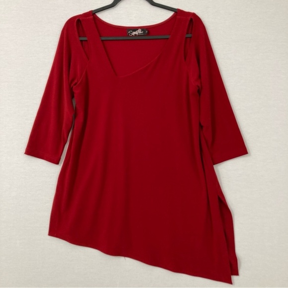 Sympli Red Stretch Cut Out Detail Asymmetric Hem Pullover Top size 10 - Picture 1 of 9